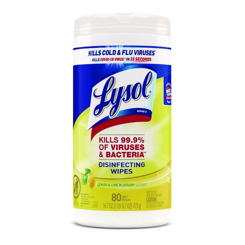 Disinfecting Wipes, 1-Ply, 7 x 7.25, Lemon and Lime Blossom, White, 80 Wipes/Canister, 6 Canisters/Carton