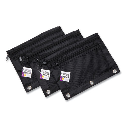 wo-Pocket Binder-Insertable Pencil Pouch with Mesh Front, 2 Compartments, 3-Hole Punched, 11" x 9", Black, 6/Pack