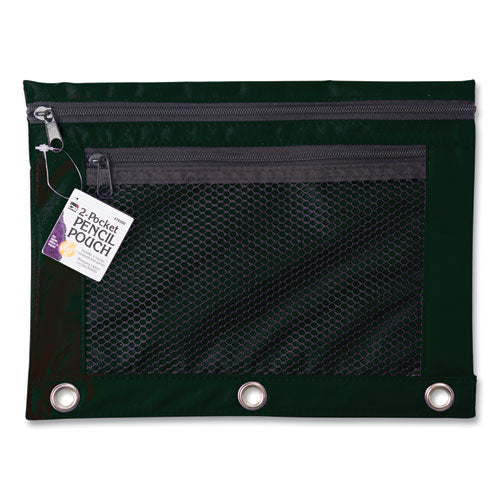 wo-Pocket Binder-Insertable Pencil Pouch with Mesh Front, 2 Compartments, 3-Hole Punched, 11" x 9", Black, 6/Pack