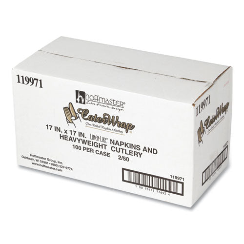 CaterWrap Heavyweight Cutlery Combo Kit, Fork/Knife/Napkin/Spoon, Plastic, Black, 100/Carton