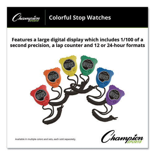 Water-Resistant Stopwatches, Accurate to 1/100 Second, Assorted Colors, 6/Box