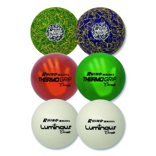 Rhino Skin Luminous, Spider and ThermoGrip Dodgeball Set, 6.3" Diameter, Assorted Colors, 6/Set