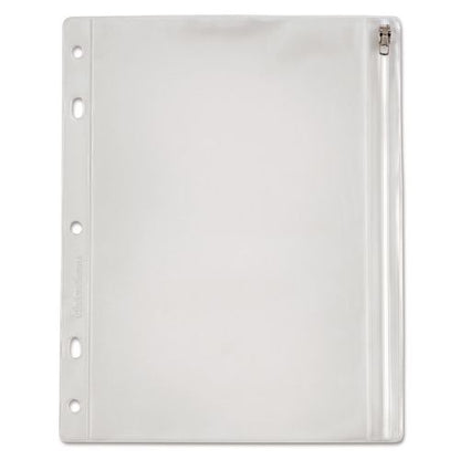 Pocket expands 1/2" and keeps loose supplies organized. Multi-hole punched for two-, three- and five-ring binders. Snag-proof zipper.