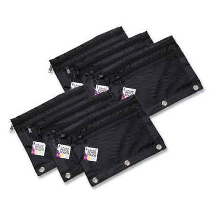 wo-Pocket Binder-Insertable Pencil Pouch with Mesh Front, 2 Compartments, 3-Hole Punched, 11" x 9", Black, 6/Pack