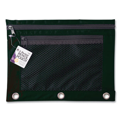 wo-Pocket Binder-Insertable Pencil Pouch with Mesh Front, 2 Compartments, 3-Hole Punched, 11" x 9", Black, 6/Pack