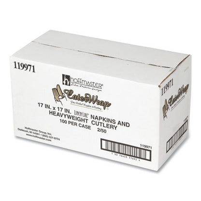 CaterWrap Heavyweight Cutlery Combo Kit, Fork/Knife/Napkin/Spoon, Plastic, Black, 100/Carton