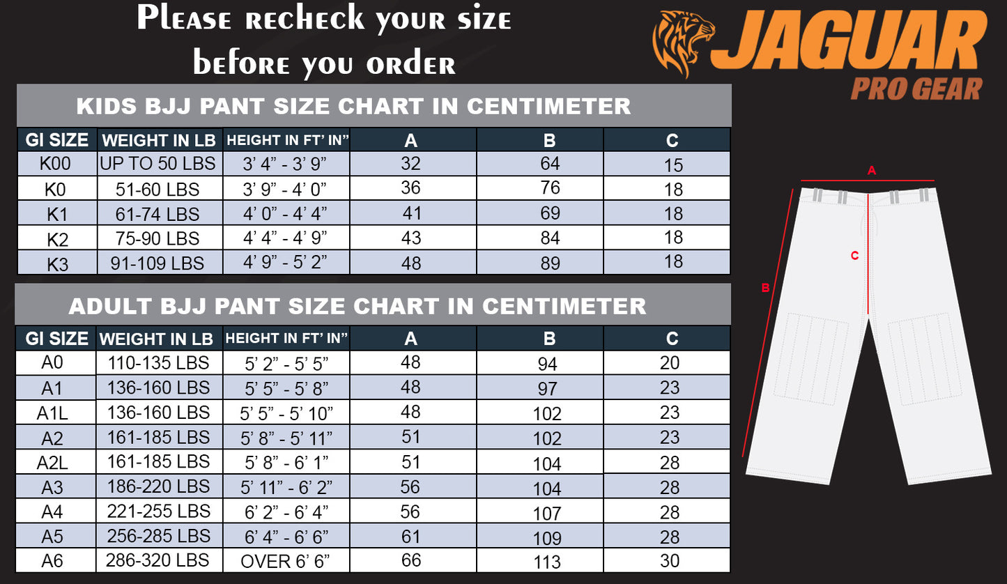 Jaguar - Regular BJJ Bottoms Jiu-Jitsu Pants 10oz Canvas Pure Cotton Very Light Weight For Brazilian Jiu Jitsu