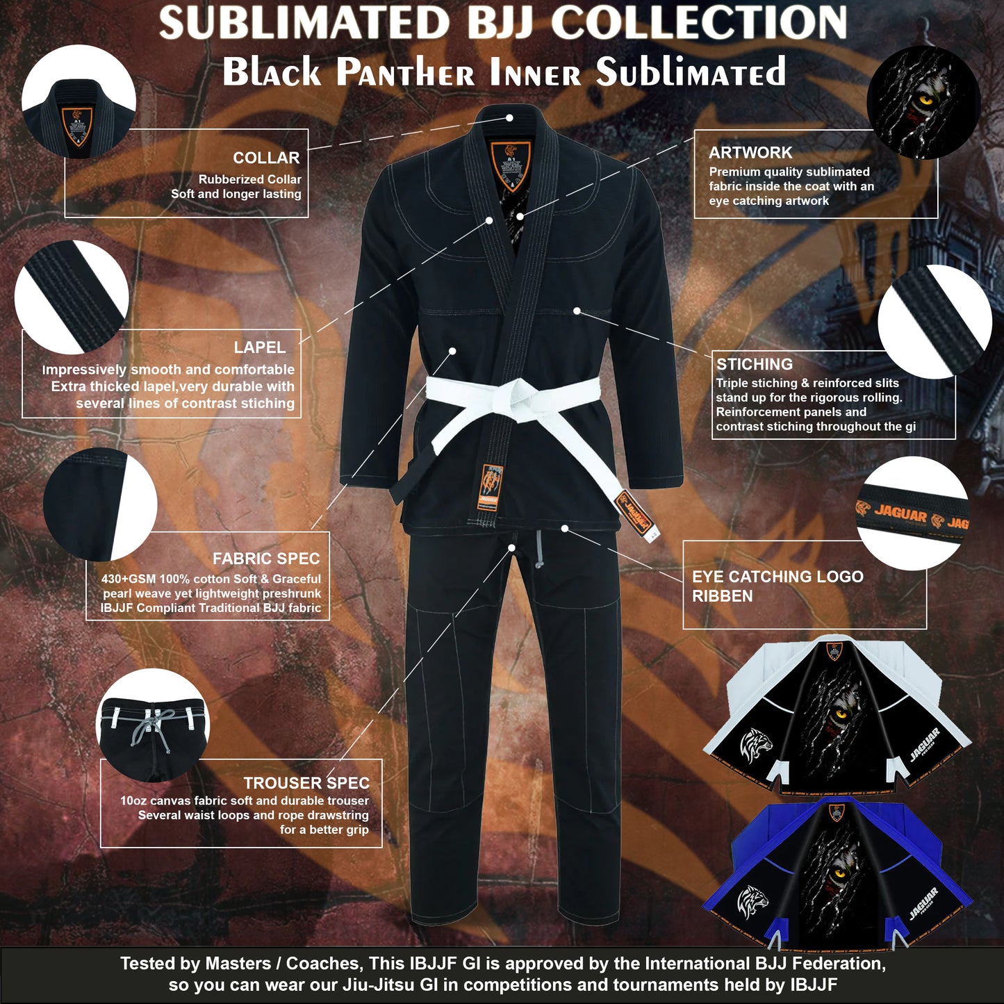 Jaguar Pro Gear – Black Panther Inner Sublimated - Pro Brazilian Jiu Jitsu BJJ Kimono Gi Uniform Unisex